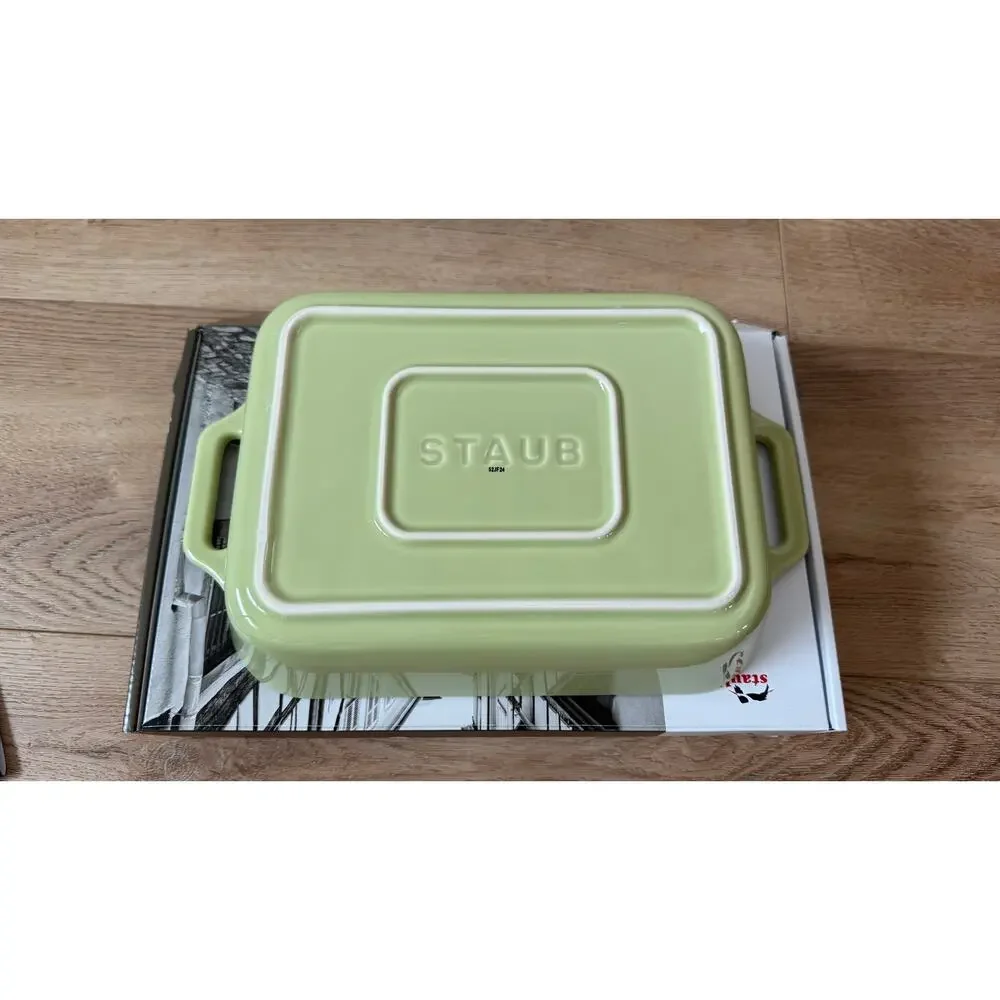 Staub Ceramic Rectangular Gratin Baking Dish Macaron Pastel Green NIB
